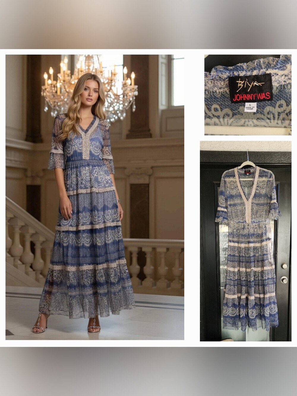Johnny Was Blue and Cream Lace-Tiered Maxi Dress